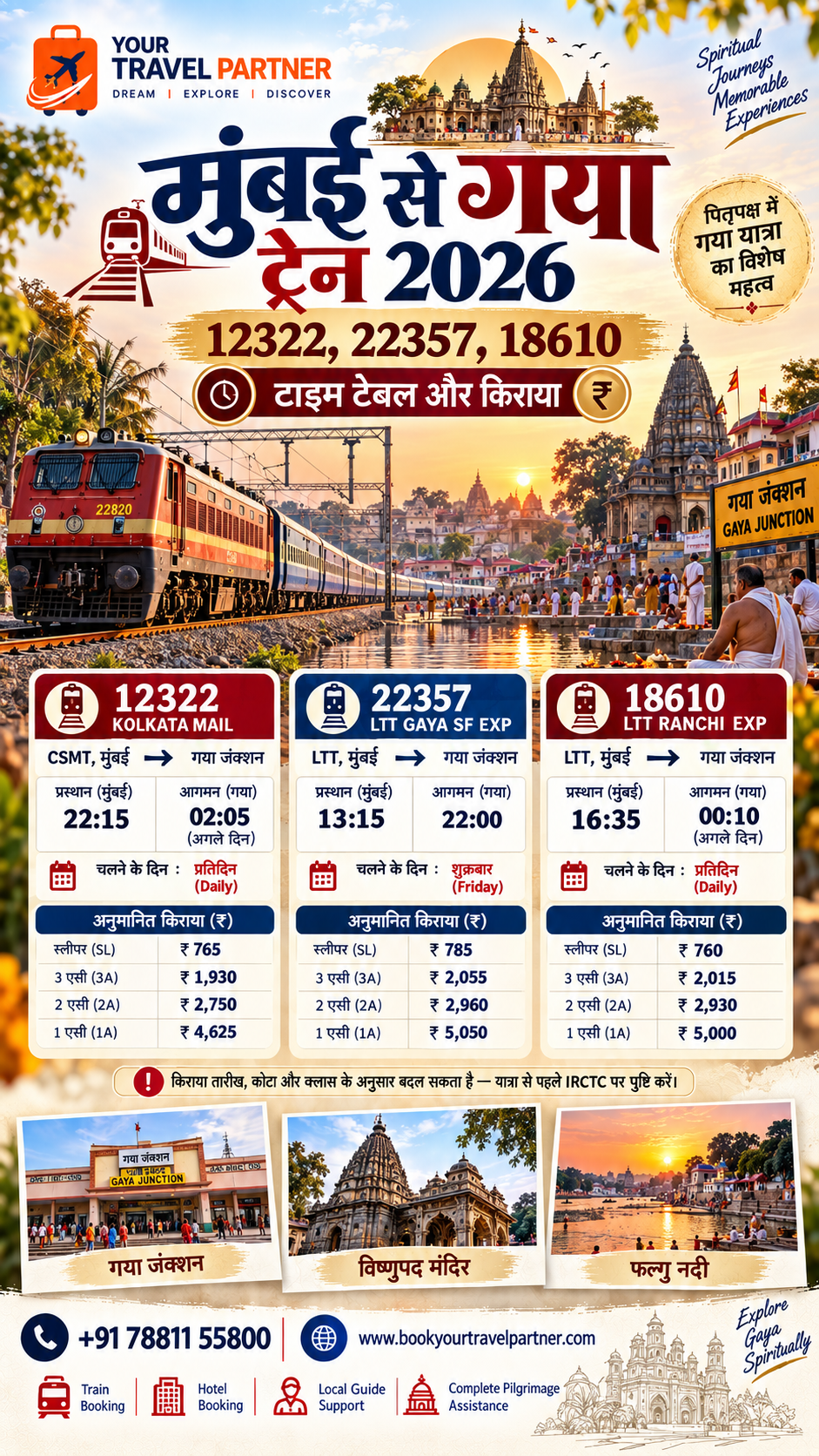 मुंबई से गया ट्रेन: 12322, 22357, 18610 टाइम टेबल और किराया