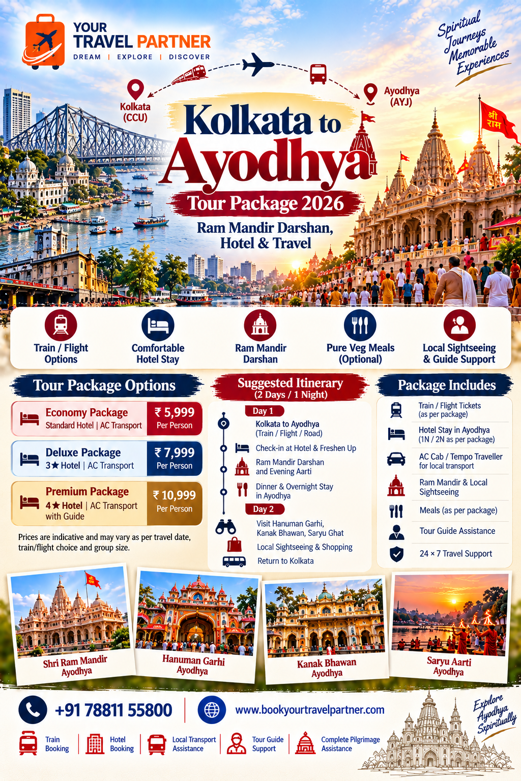 Kolkata to Ayodhya Tour Package 2026 – Ram Mandir Darshan, Hotel & Travel